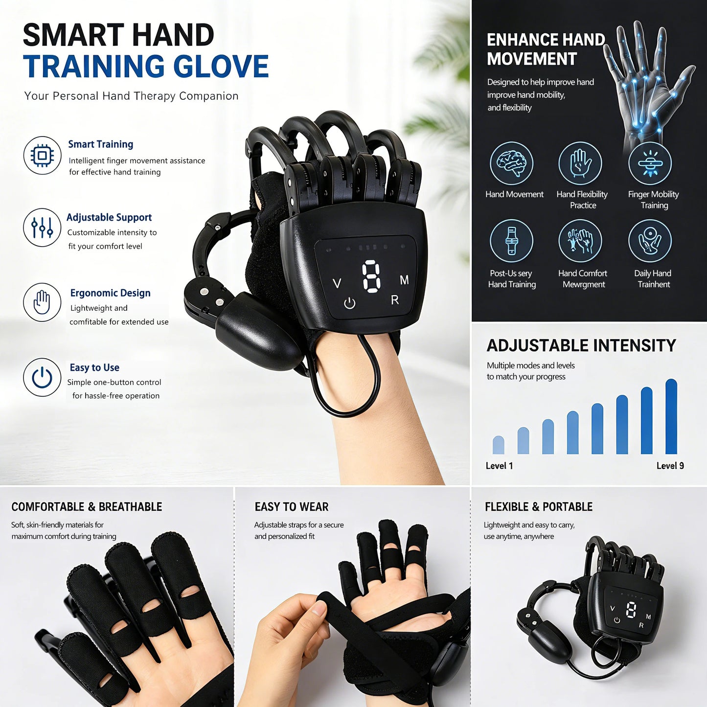 Robotic Exoskeleton Rehab Glove USB Rechargeable Silent Motor Multiple Modes Adjustable Strength For Stroke Hemiplegia Recovery