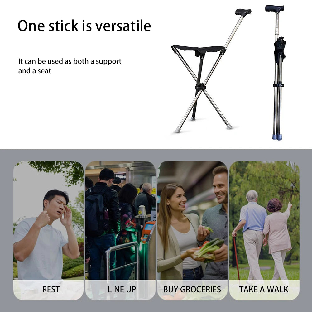 Outdoor Foldable Walking Stick Stool Lightweight with Seats Heavy Duty Steel Walking Stick for Elderly Disabled Hiking Poles